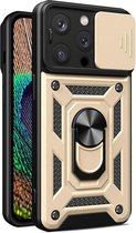 BixB hoesje geschikt voor iPhone 15 Pro met Ringhouder en Camera schuifje backcover - Goud