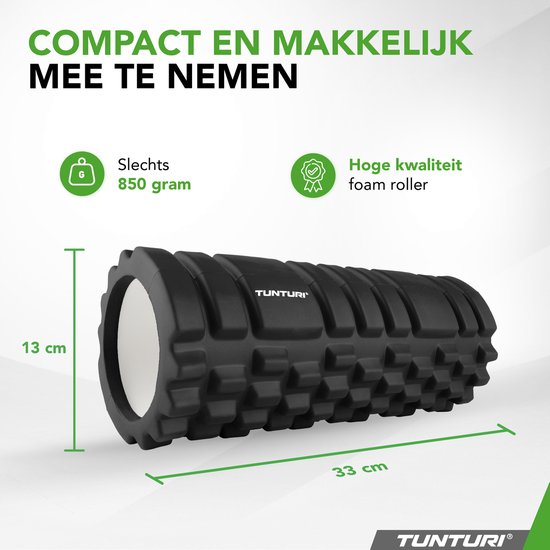 Zwarte Tunturi foamroller van 33cm lang en 13cm breed, 850 gram, hoge kwaliteit, compact en makkelijk mee te nemen.