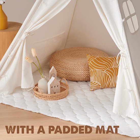 Relsy Ivoorwitte tipi-tent voor kinderen | Witte tipi speel-/pop-uptent voor meisjes en jongens, 140 x 120 cm, katoenen canvas, met 3 meter sterlichten en cirkelvormige mat/tapijtaccessoires