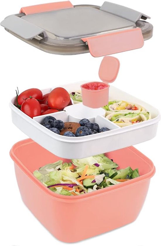 Foto: Bento box 1500ml lunchbox salade lunchcontainer om mee te nemen met 3 compartimentenlade saladekom met dressingcontainer maaltijdvoorbereiding om mee te nemen containers voor voedselfruitsnack ingebouwde herbruikbare lepel