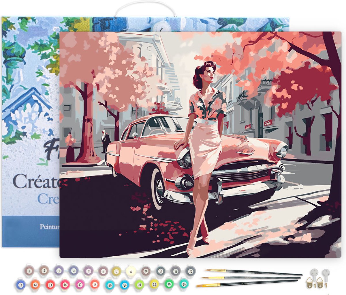 Figured'Art Schilderen op Nummer Volwassenen met lijst Dame en Roze Klassieke Auto - Handwerk acrylverf Kit DIY Compleet - 40x50cm Canvas al ingelijst