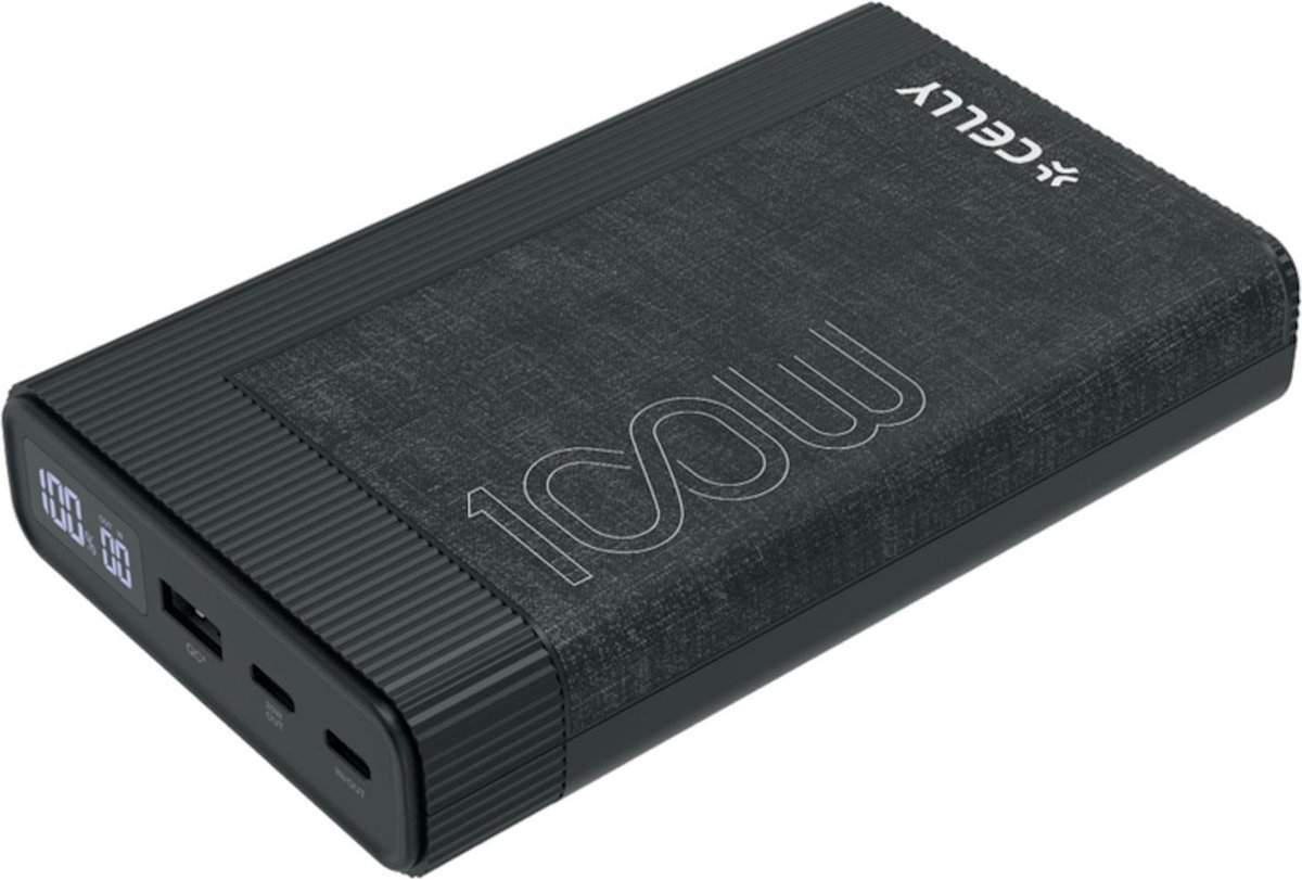 Celly Powerbank 20000mAh - 100W Powerbank geschikt voor o.a. iPhone, Samsung en Laptops - LED indicator - 3 outputs - Zwart