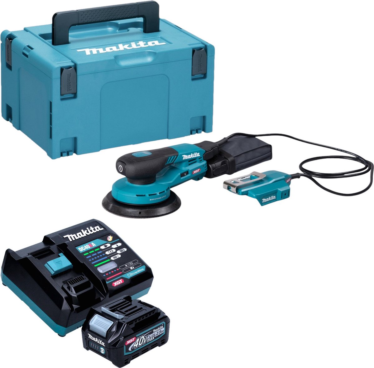 Makita BO 004 CGD101 accu excentrische schuurmachine 40 V max. 150 mm 3,0 mm slag Brushless + 1x accu 2,5 Ah + oplader + Makpac