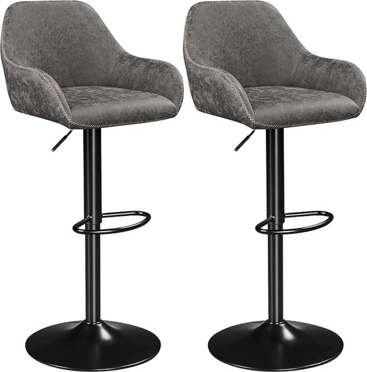 Luxe Barkrukken – Set van 2 – Barstoel – Hoogte Verstelbaar – Industrieel – Keukenstoel – 360° Draaibaar – Leer – Grijs