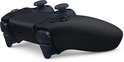 Zijkant van een zwarte DualSense controller, met blauwe lichtaccenten.