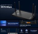 Diagram van de TP-Link Archer BE230 router, met tekst over Dual-Band Wi-Fi 7 tot 3570 Mbps, Multi-Link Operation, 2.5G Multi-Gig Ports, 4x externe antennes en EasyMesh compatibiliteit.