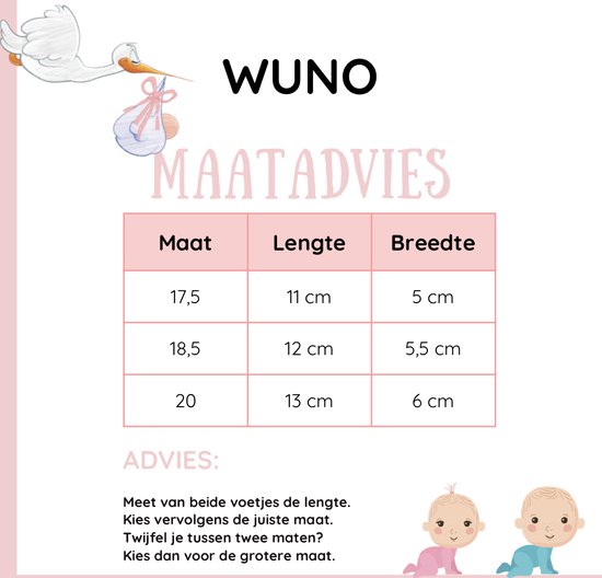 Maattabel voor babyschoenen WUNO, met maten, lengtes en breedtes. Advies om voeten te meten.