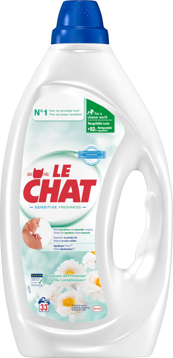 Goedkoopste Le Chat Gel Sensitive Freshness - 33wl x 4 - Wasmiddel - Gevoelige Huid - Voordeelverpakking