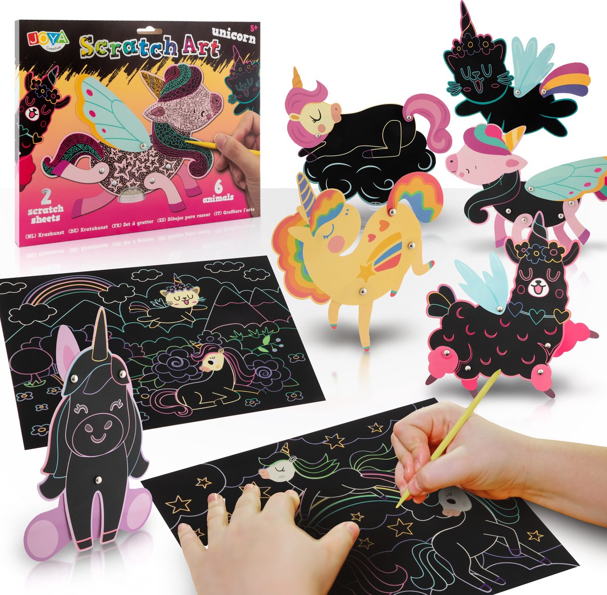 Scratch Art Unicorn Kinderen - Krasboek - Scratch Art Dieren - Knutselpakketten - Inclusief 6 Dieren en 2 Krastekeningen - Met Kras Tools en Beweegbare Elementen - Joya Creative