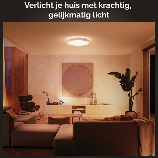 Sfeervolle woonkamer verlicht door een witte Philips Hue Enrave plafondlamp met warm geel licht.