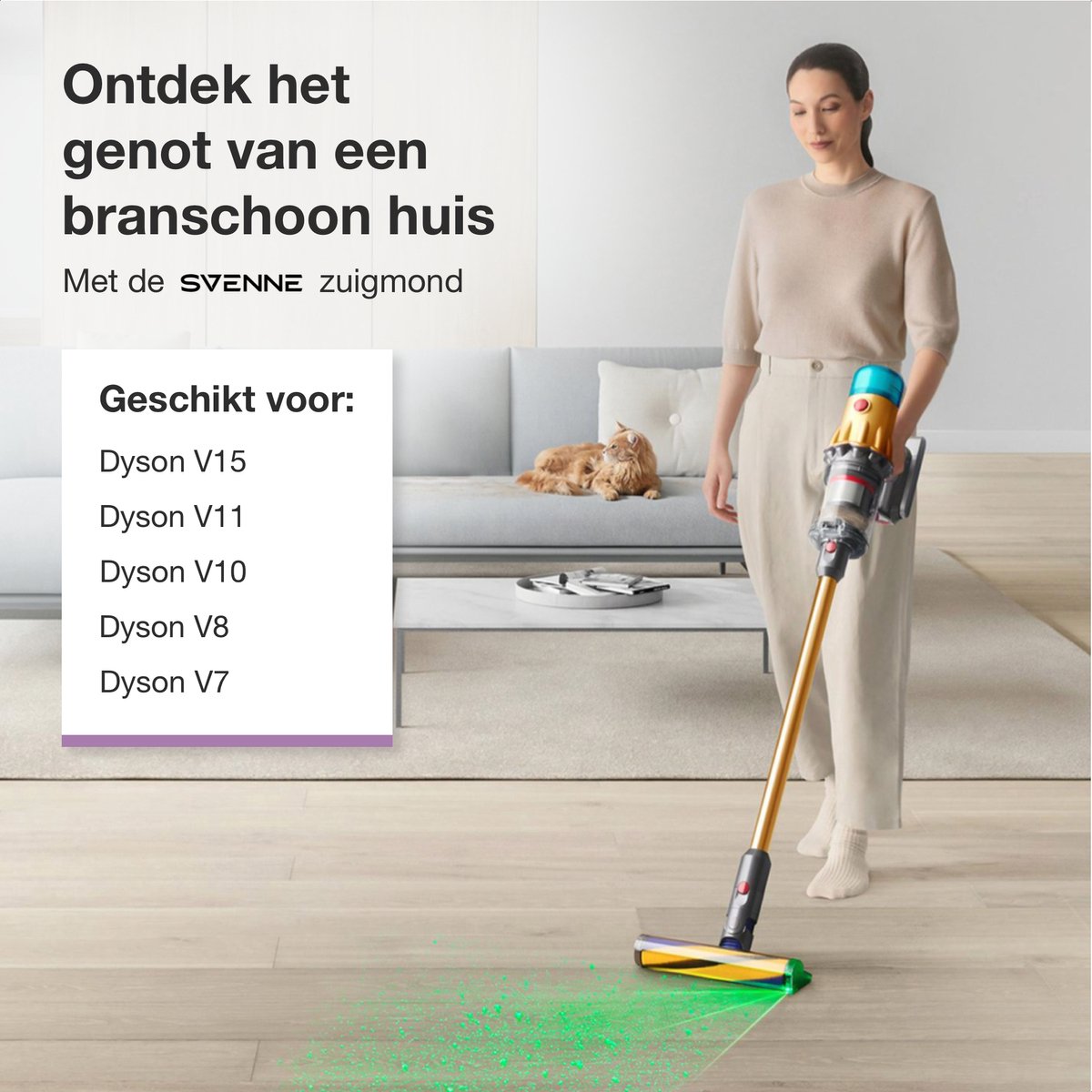 SVENNE® Zuigmond met Groen Licht en Stofdetectie - Geschikt voor Dyson V15 / V11 / V10 / V8 / V7 - Mondstuk met LED Verlichting - Parketborstel Accessoires & Onderdelen voor Steelstofzuiger - Opzetstuk Borstel - Triggerlock - Wasbaar — afbeelding 7