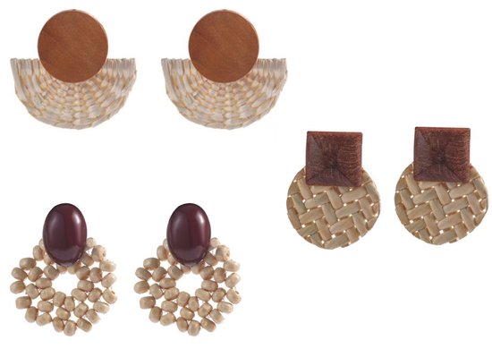 Fliex - boucles d'oreilles - Ibiza été - bois - marron - 3 paires + pochette cadeau