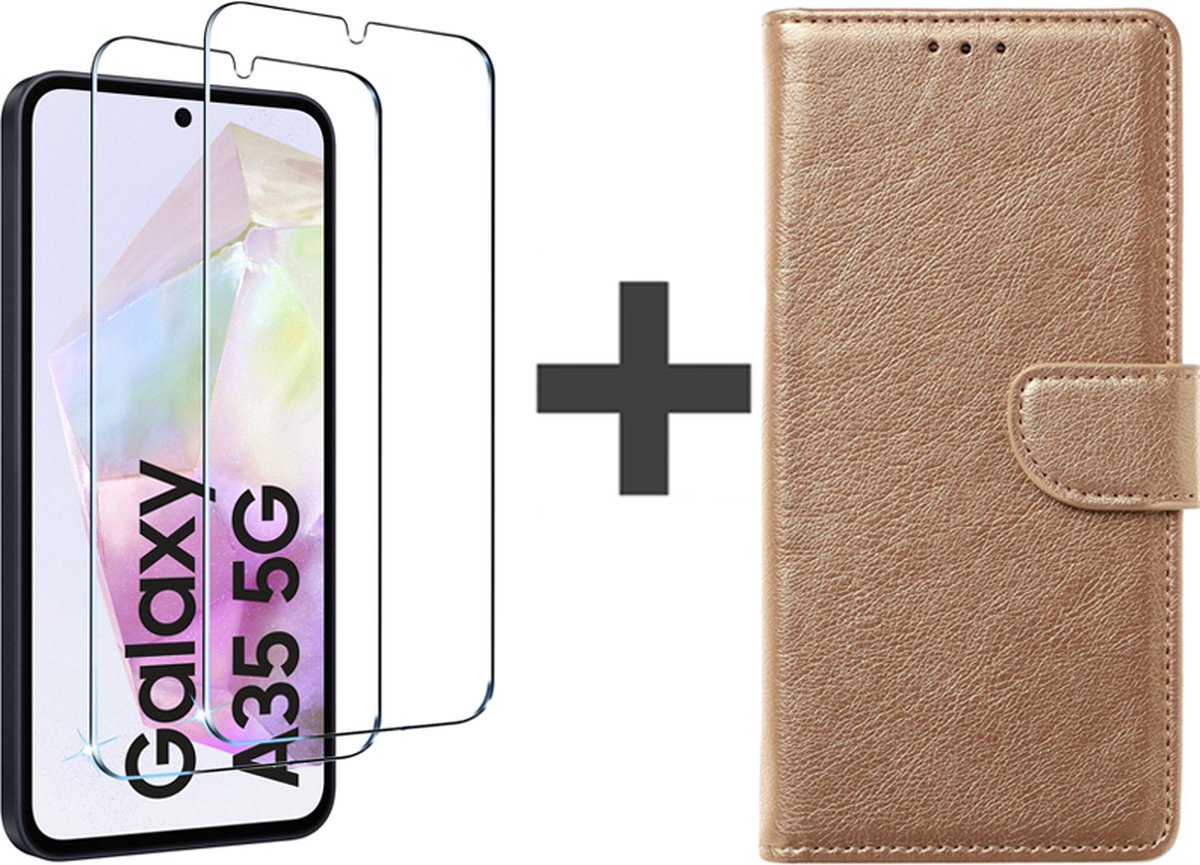 BixB hoesje met 2 stuks Screenprotectors Geschikt voor Samsung Galaxy A35 – bookcase met pasjeshouder - Goud