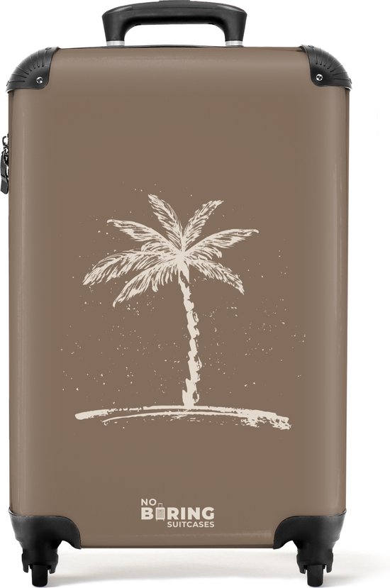 Bruine koffer met beige palmboomprint en logo. Zwarte wieltjes en handgreep.