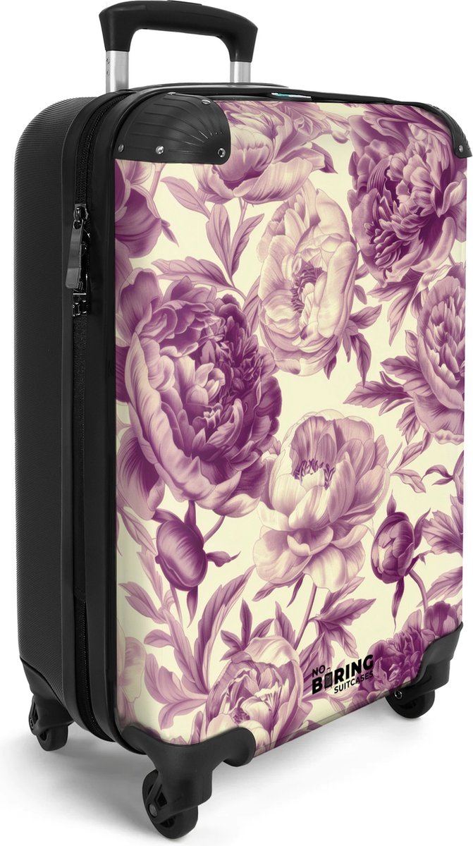 NoBoringSuitcases.com® - Handbagage koffer lichtgewicht - Reiskoffer trolley - Wit met paarse bloemen - Hardcase rolkoffer met wieltjes - Cabin suitcase - Reistrolley luggage - Past binnen 55x40x20 en 55x35x25 - Reizen