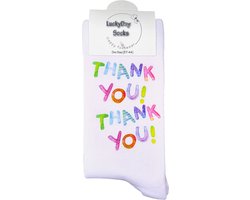 Dank je wel - Bedankt - Thank You - Bedankje - Kleinigheidje - Trendy nu - Verjaardags cadeau - Valentijns cadeau - Kado - Kerst cadeau - Witte sokken met tekst - Grappige sokken - leuke dames en heren sokken - moederdag - vaderdag - Maat 37-44