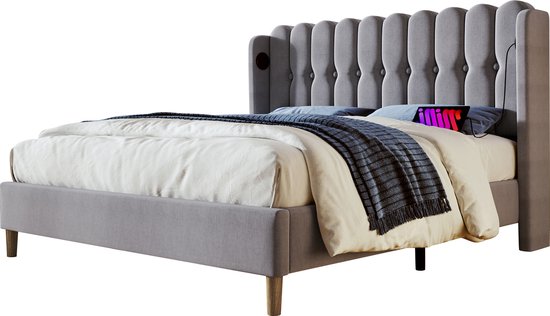 Sweiko Gestoffeerd bed Tweepersoonsbed met USB Type C Oplaadfunctie, Bedplaats met platte noedelsvoet, Grijs Gestoffeerd bed, 160 x 200 cm bedplaats Slaapkamer Jeugdbed Gastenkamer linnenmateriaal (geen matras)