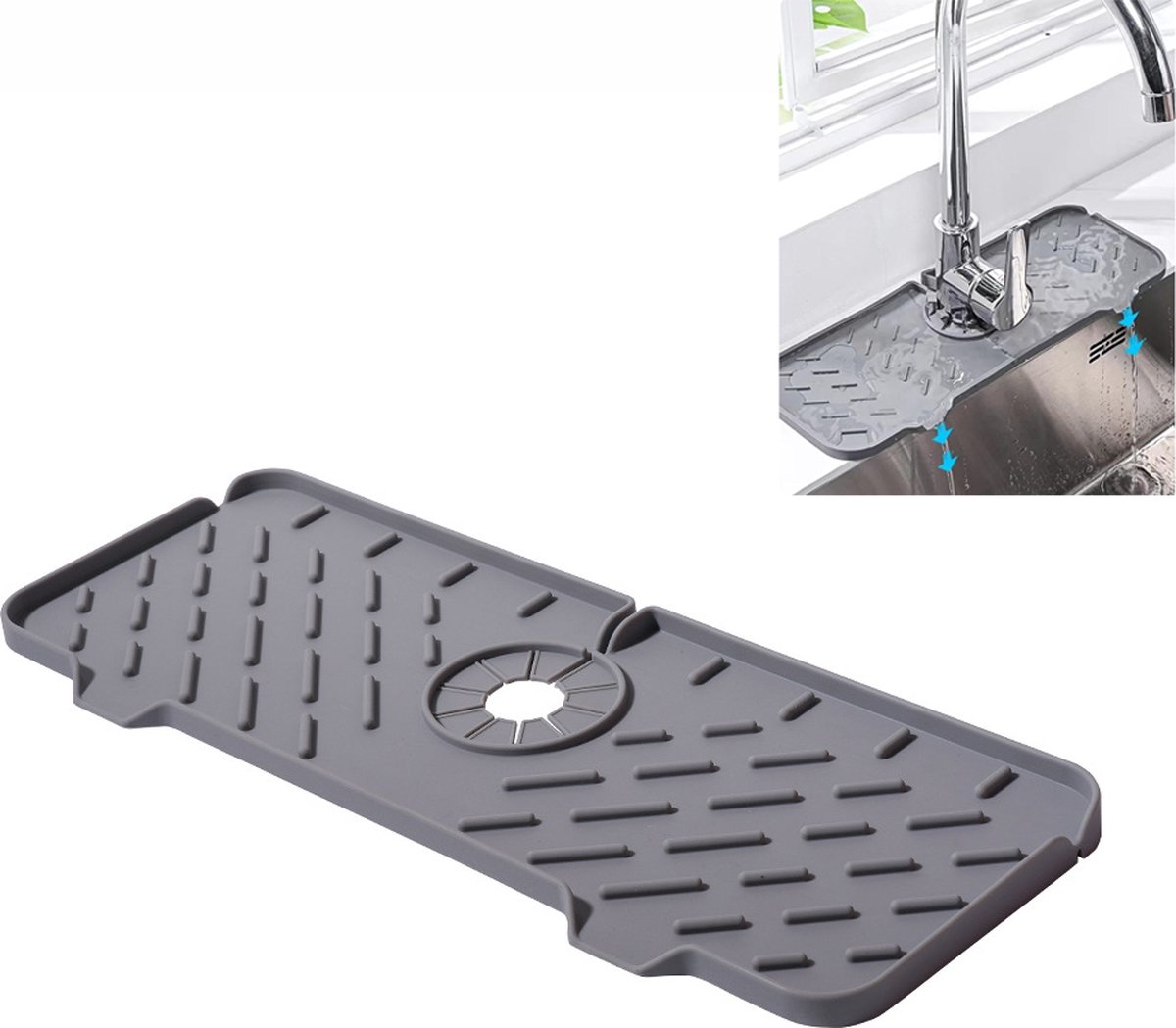 Goedkoopste Siliconen Kraanmat - 37 x 14.5 CM - Afdruipmat - Siliconen Mat Voor Keukenkraan - Wastafel Splash Bescherming - Afvoerpad - Gootsteenmat - Accessoires Voor Aanrecht - Gootsteen - Droogmat - Keuken - Badkamer - Grijs - Antislip
