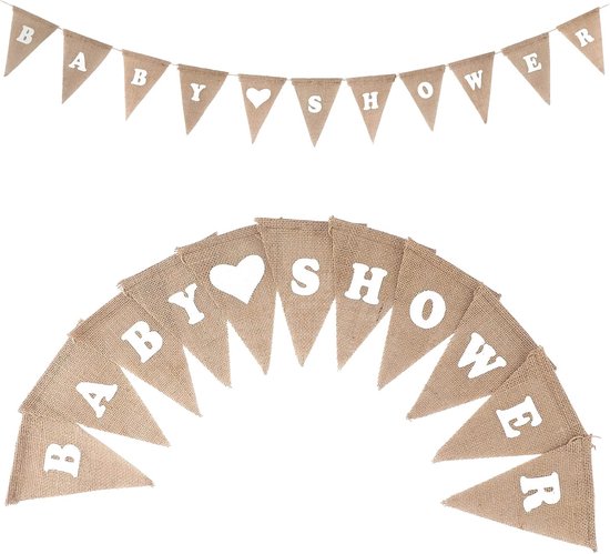 Guirlande en toile de jute avec le texte "BABY SHOWER" et un cœur, en deux parties sur fond blanc.