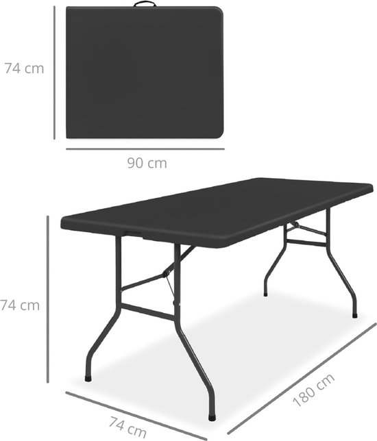 Zwarte klaptafel van 180 x 74 x 74 cm en de inklapbare versie van 90 x 74 cm.
