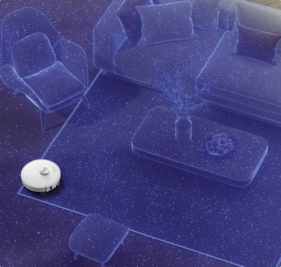 Witte robotstofzuiger in een blauw wireframe-weergave van een woonkamer.