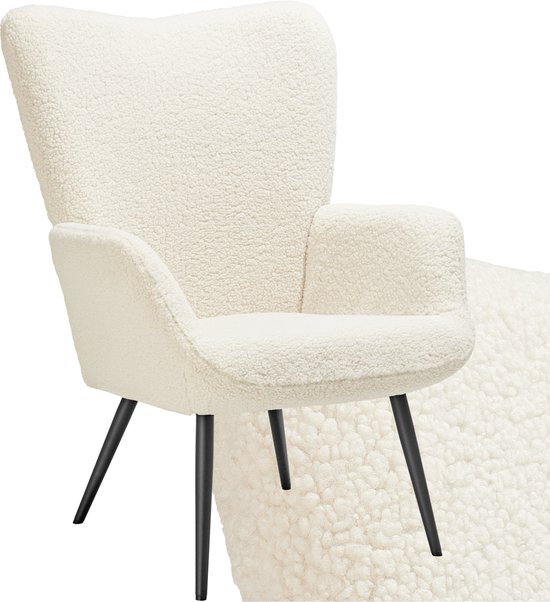 tectake® Oorfauteuil in Scandinavische stijl - Teddystoel Hygge - Stoel voor woonkamer, slaapkamer - Loungefauteuil - Zwart metalen poten - Draagvermogen tot 150 kg - Crème