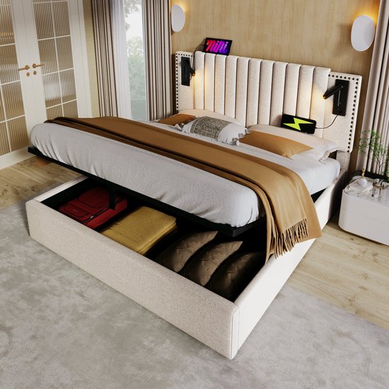 Lit Double 160x200 Cm Avec Rangement Hydraulique Et Tiroirs - Tête De Lit Réglable - Sans Matelas - 7