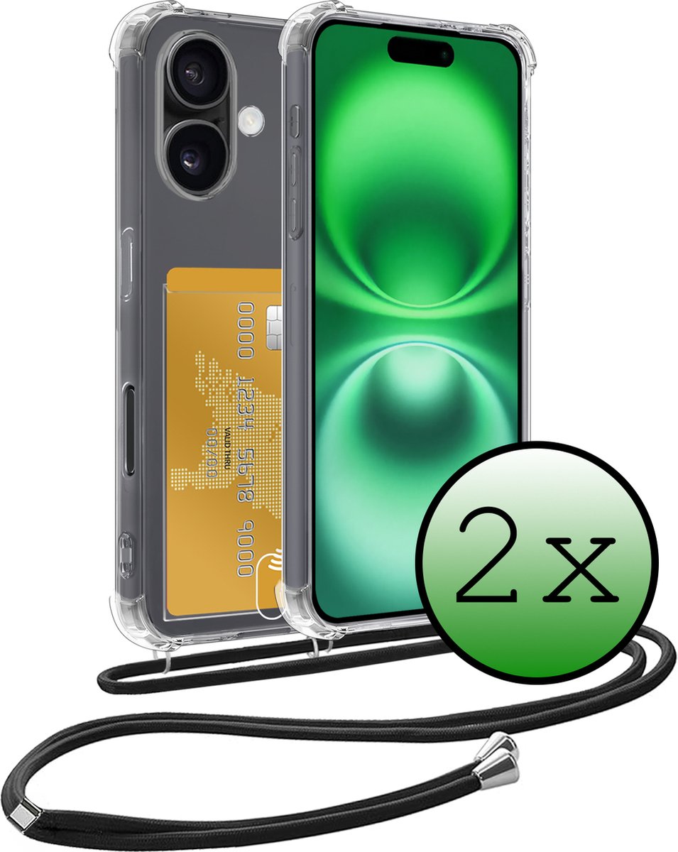 Hoes Geschikt voor iPhone 16 Plus Hoesje Pas Houder Shock Proof Case Hoes Met Koord - Hoesje Geschikt voor iPhone 16 Plus Hoes Met Telefoonkoord Pasjeshouder Cover - Transparant - 2 Stuks