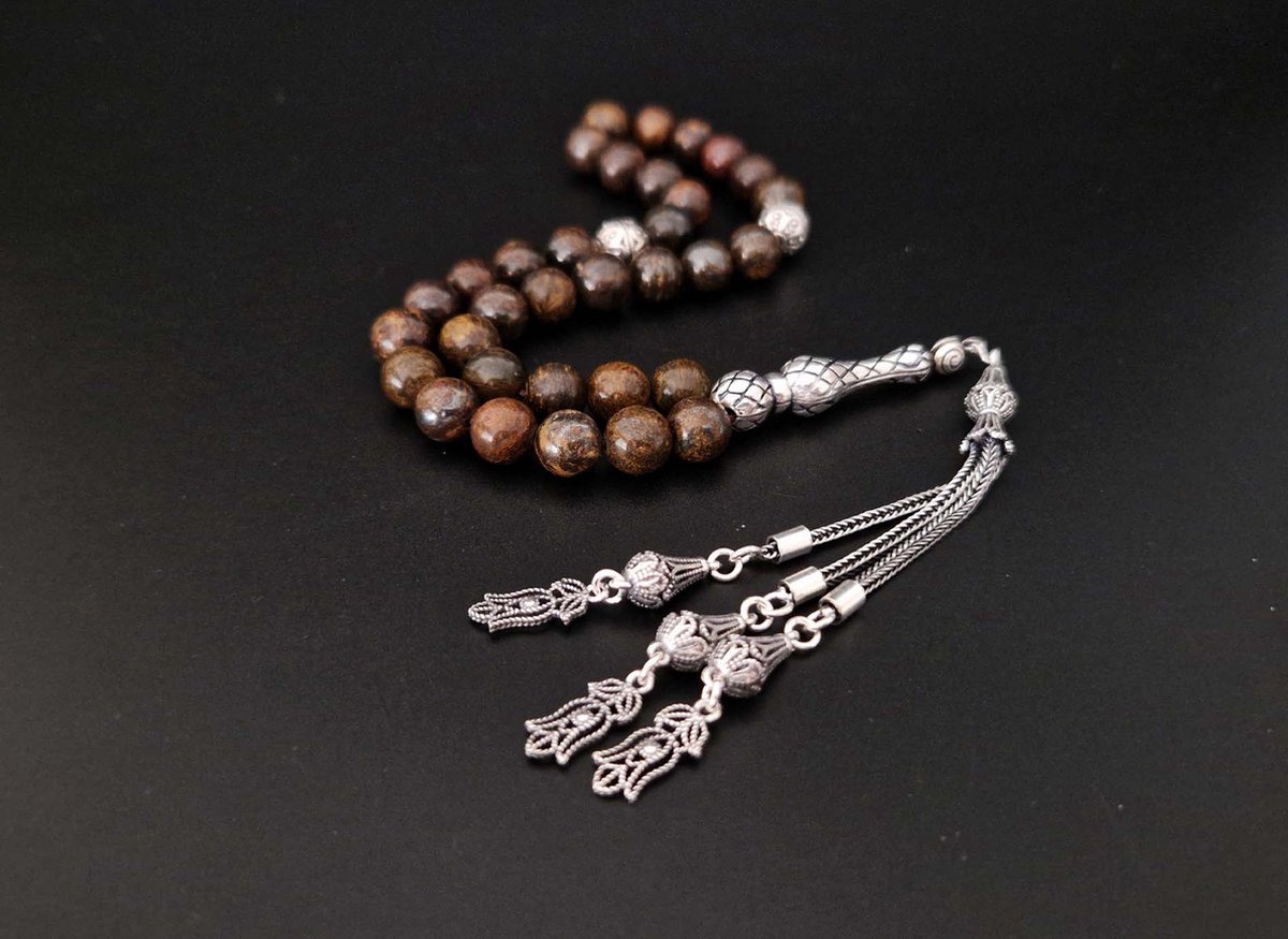 Handgemaakte natuursteen tesbih met Klauw tassel 925 zilver Bronzite met 925 Zilver Kwastjes Narcissus steeg Aantal kralen 33 Diameter kralen 8MM