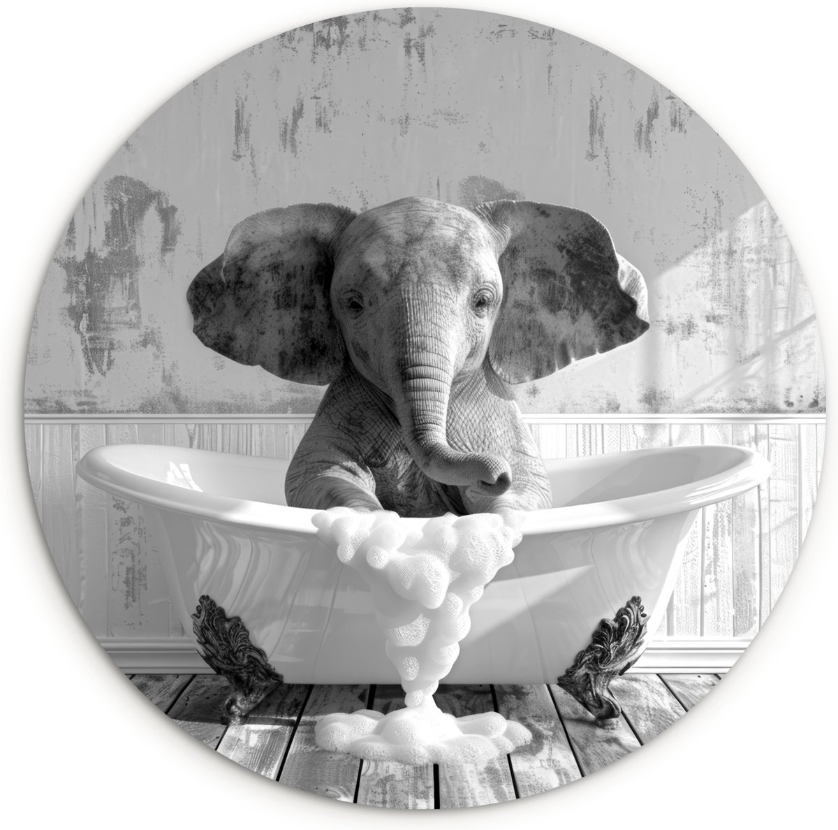 WallCircle Wandcirkel 30x30 cm - Muurcirkel Olifant - Vintage - Dieren - Zwart - Wit - Badkamer - Bad - Dierenportret - Muurdecoratie woonkamer - Wanddecoratie slaapkamer - Kamer decoratie accessoires - Ronde schilderijen binnen Olifant - Badkuip