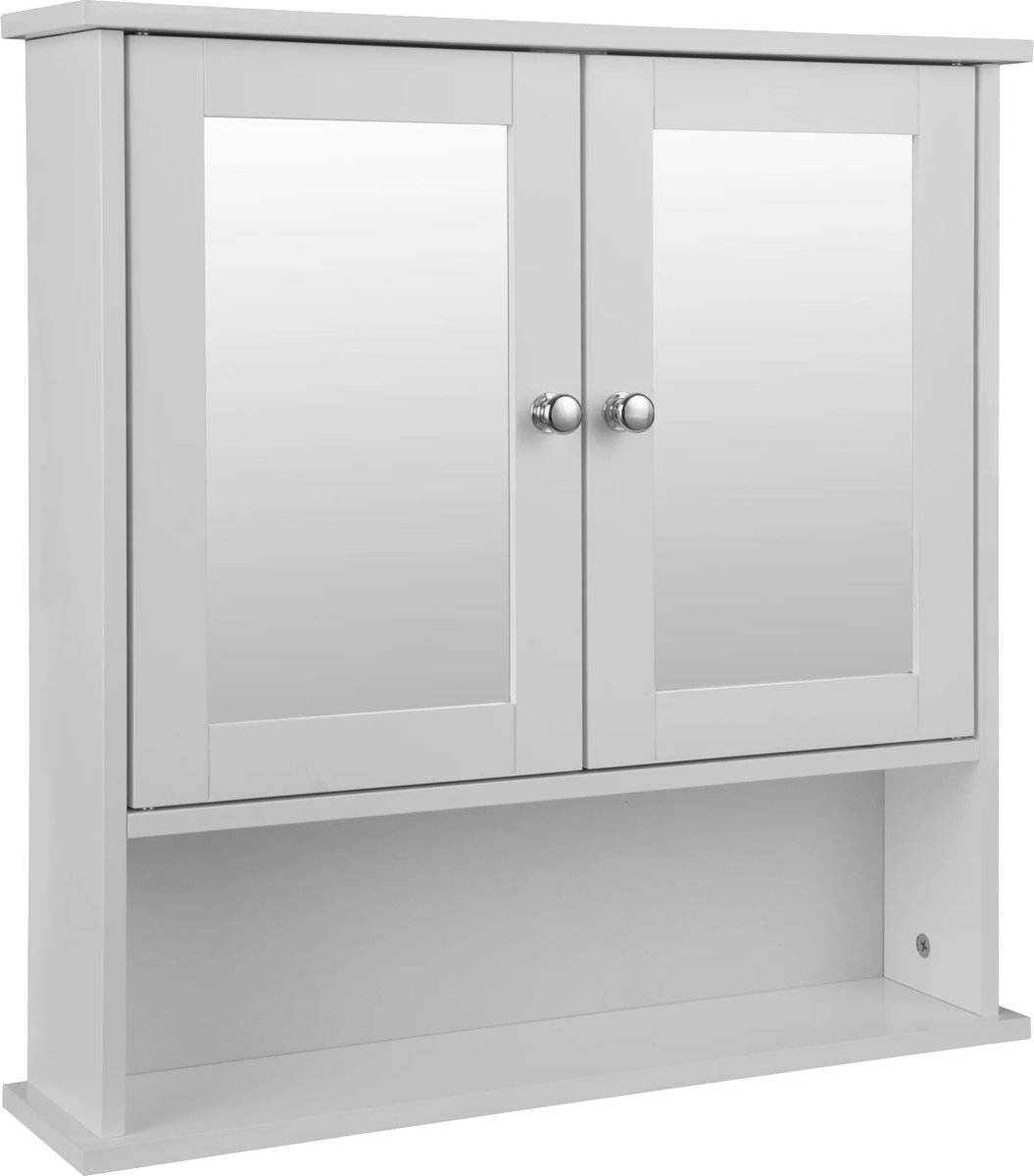 Badkamer Kast met Spiegel - Badkamermeubel - Badkamerkastje - MDF Wandkast met 3 Planken - Wandmontage - Kast voor Badkameropslag - 56 x 13 x 58,3 cm - Wit