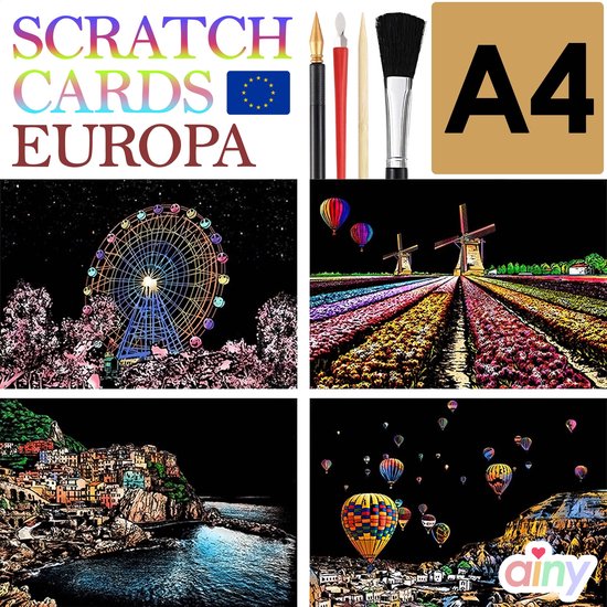 Foto: Ainy scratch art europa a4 4 krastekening incl gereedschapen kras tekeningen schilderen op kleuren kunst kraskaart hobby creatief voor volwassenen en kinderen meisjes knutselen ontspanningspakket diy schilderijen set nummer 2