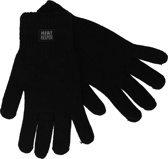 Paar zwarte, gebreide thermohandschoenen met Heatkeeper-label op de manchet.