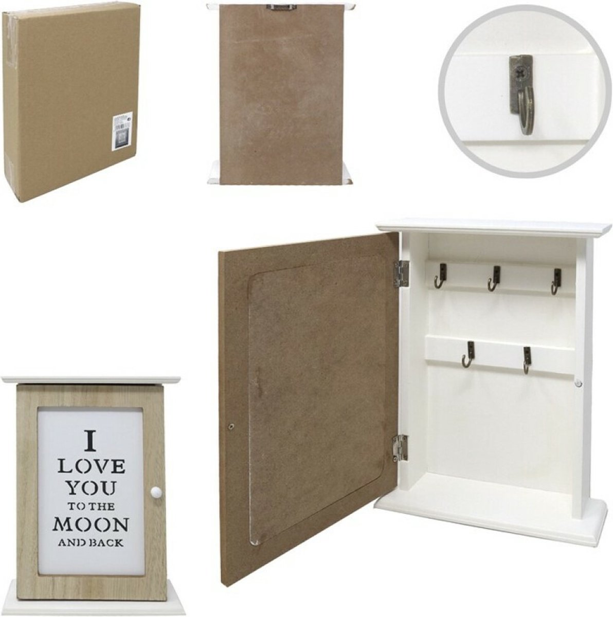 Concorde Sleutelkastje Love design - hout - bruin/wit - 25,5 x 20 cm - 5 sleutelhaakjes