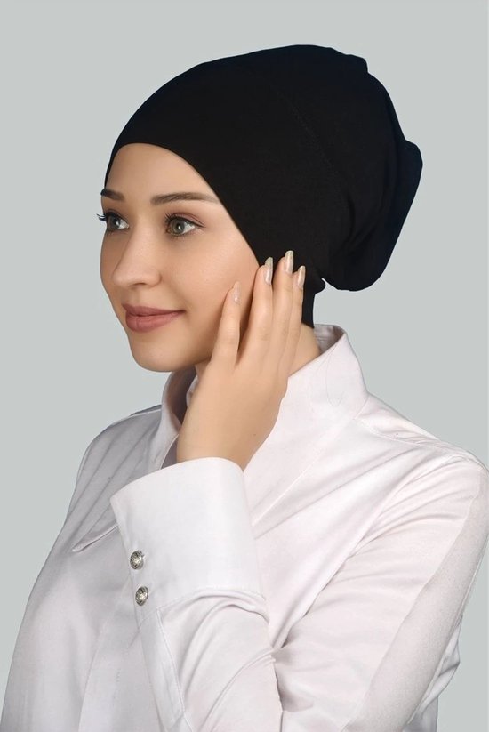 Foto: Merkloos hoofddoek instant praktische lange hijab bonnet onderkapje ademend viscose zwart