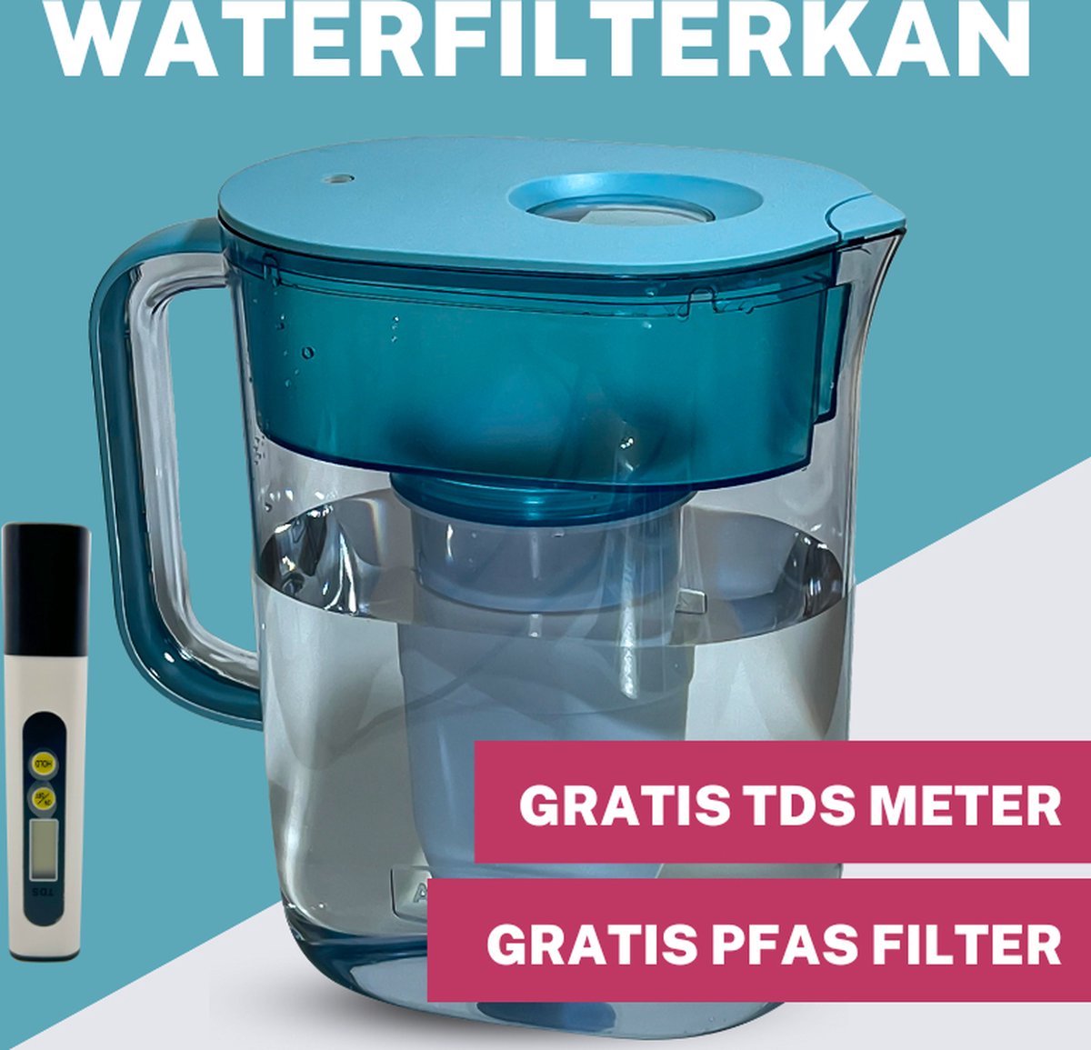 Waterfilter Noodpakket - Waterkan kan met Waterfilter 2,4 L Multistage Pro Filter voor onverwachte situaties.- Inclusief Waterfilter en TDS Meter - Unieke Water Pitcher met geavanceerde Multistage Filtratie