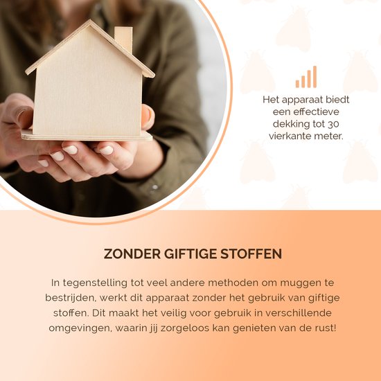 Een vrouw houdt een houten speelgoedhuisje vast. Tekst: 'ZONDER GIFTIGE STOFFEN'. Het apparaat dekt tot 30 vierkante meter.
