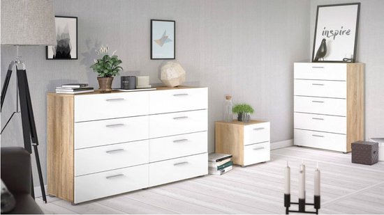 Petra kommode 5 lades eiken decor en wit hoogglans.