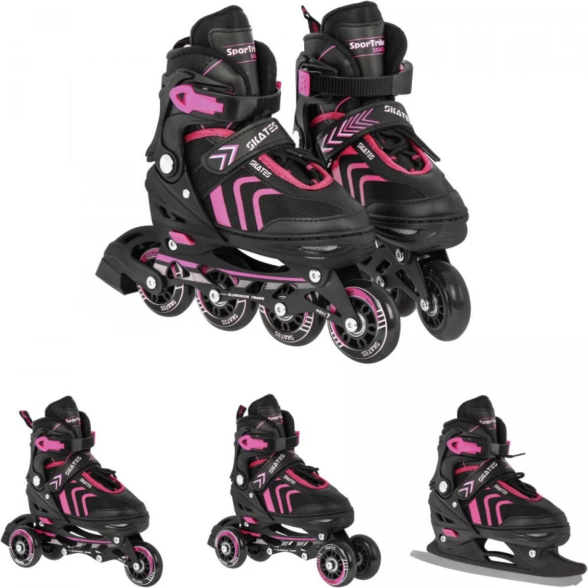 Playos® – Skeelers – 4 in 1 – Zwart/Roze – maat 34 tot 38 – Verstelbaar – Inline Skates – Schaatsen – Rolschaatsen