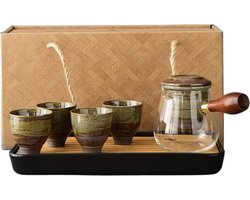 Japanse Thee Set Midori - 6 delige set - 4 kopjes - Thee filter - Schenkglas - Verpakt in een Giftbox - Tijdloos design voor thuis of als cadeau - Perfect voor Losse thee.