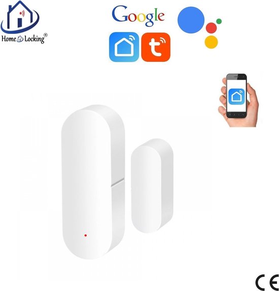 Witte deursensor en magnetische component met logo's van Home-Locking, Google Assistant, TuyaSmart en SmartLife.