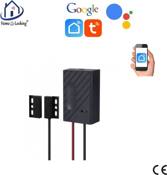 Zwarte deur/raam sensor met magnetische contacten. Met Google en Tuya logo's.
