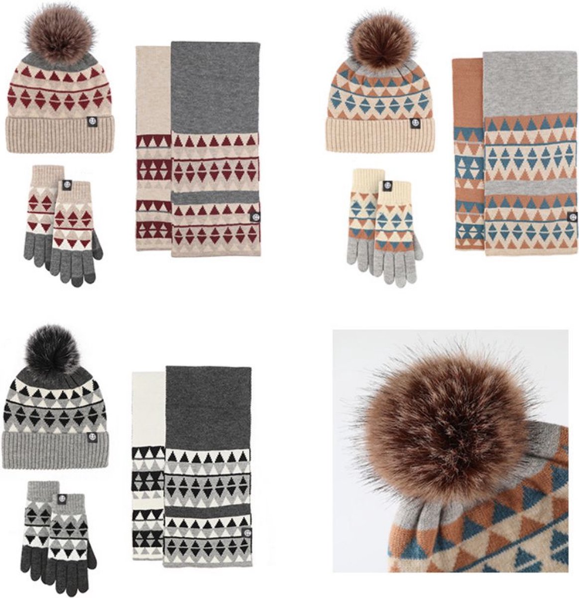 Gebreide muts sjaal handschoenen set 3-delige set winter wol warme koude proof bontbal muts set pluche gebreide muts handschoenen sjaal set dames - rood — cadeau in Mode & Accessoires - foto 7