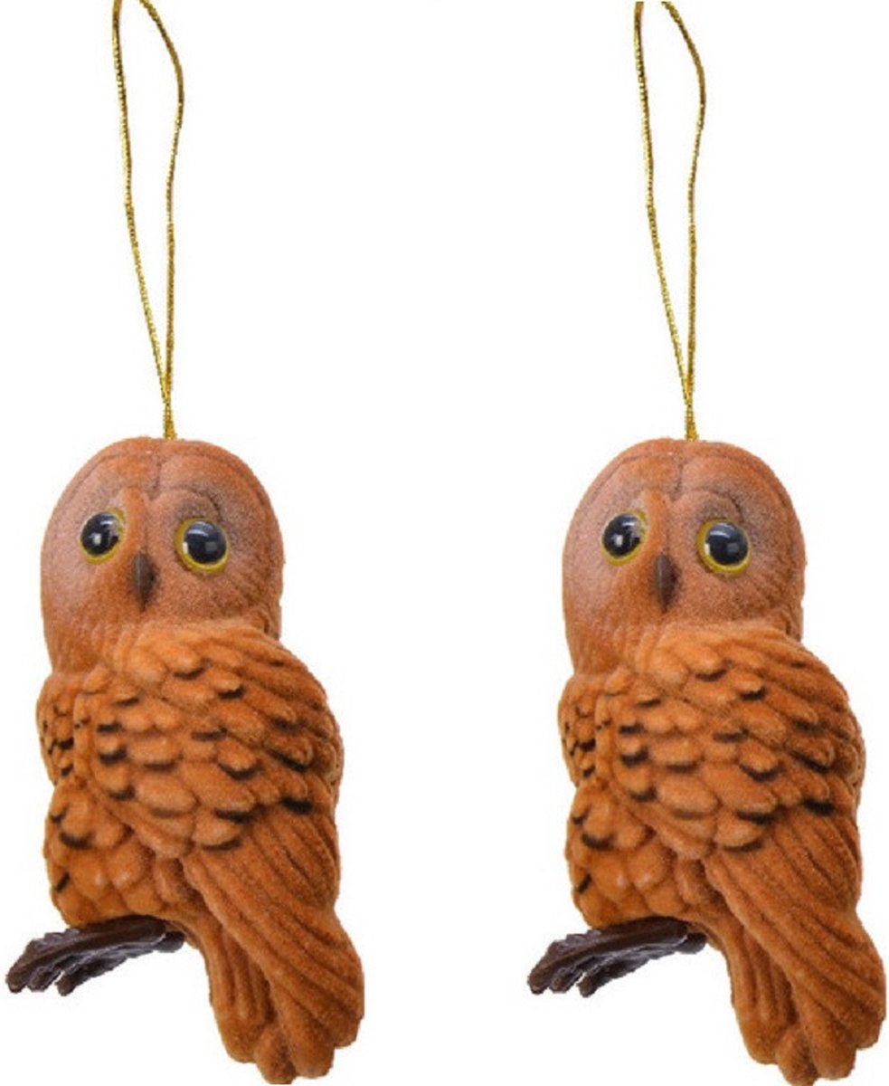 Decoris Kersthanger - 3x - uil - bruin - 8 cm - kunststof - kerstversiering - kerstornamenten