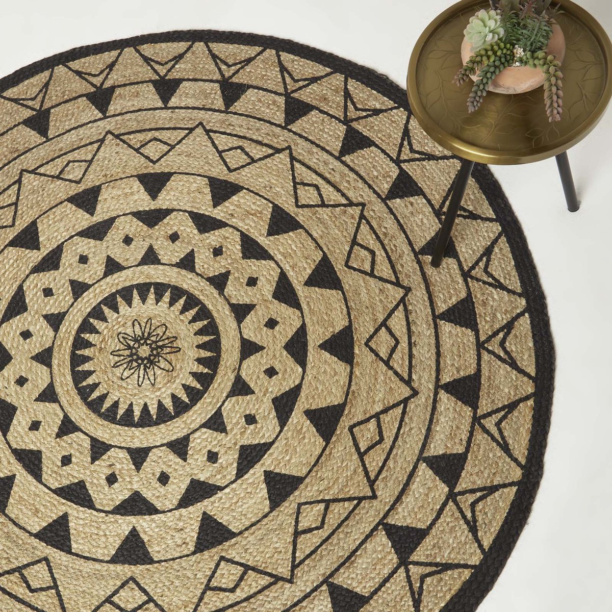 Homescapes Mandala rond vloerkleed 120 cm - gevlochten jute vloerkleed, zwart-naturel