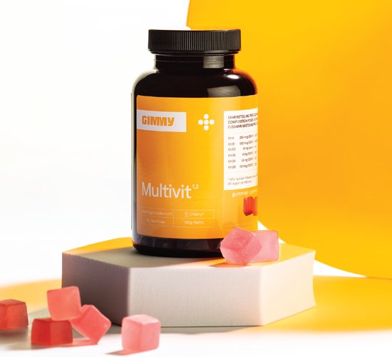 Foto: Gimmy multivit multivitamine supplementen geen capsule poeder of tablet voor kinderen en volwassenen vitamine a c d e b complex b12 foliumzuur b6 zink vegan suikervrij natuurlijk ontwikkeld door apothekers 60 gummies