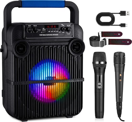 Mini Karaoke Anlage mit 2 Mikrofonen, Bluetooth Karaoke Lautsprecher für Heimpar