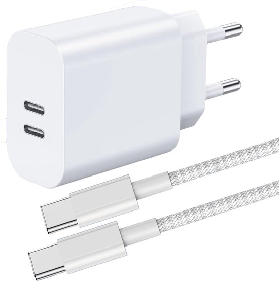 USB C naar USB C Adapter - USB Adapter 2 Poorten - USB C Lader + 2 Meter Kabel - Geschikt voor iPhone 15, iPhone 16 Series en Samsung Devices - GaN Snellader - 45W USB C Stekkerblok - Nylon Gevlochten Oplaadkabel - Wit