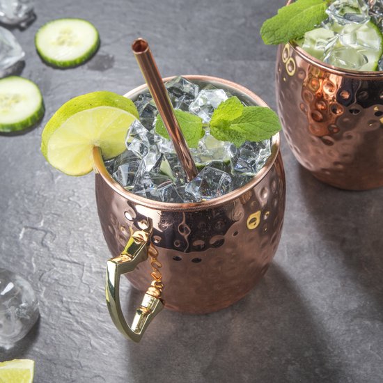 Ensemble Moscow Mule 6 Pièces - 2 Tasses Cuivre 550 Ml + Accessoires | Mugs En Acier Inoxydable Plaqué Cuivre Pur Pour Cocktails, Rhum, Vodka - Idéal Bar & Fêtes