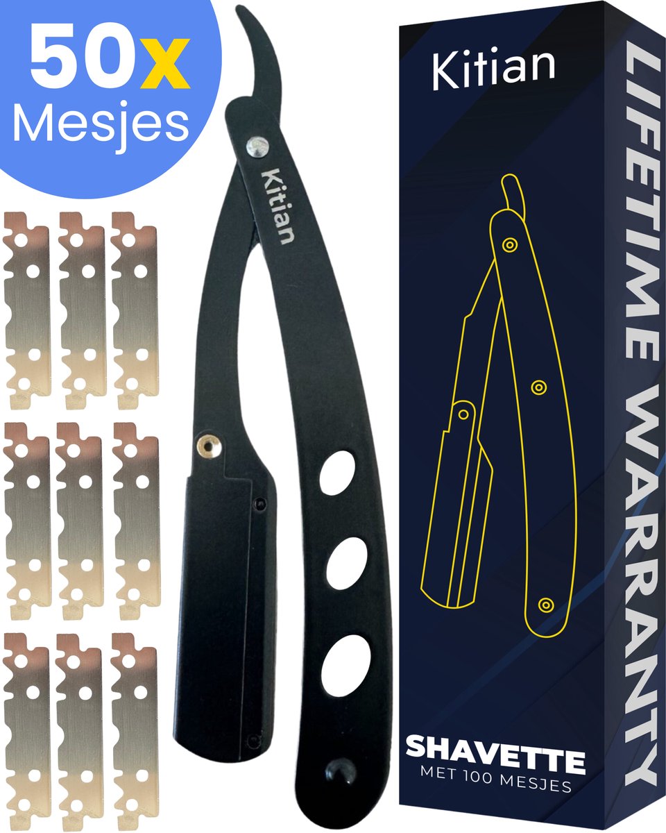 Kitian Premium Open Scheermes Klassiek Barbiersmes Shavette Straight Razor Safety Razor Kappersmes Barber Mes Klapmes Feather Mes Nekmes + 50 Single Edge Scheermesjes RVS Zwart